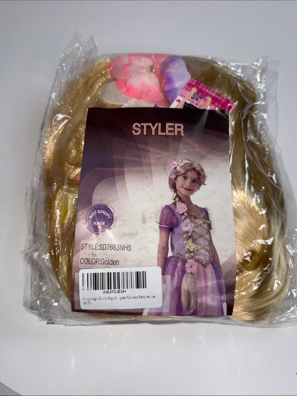 💜NWT PRINCESS RAPUNZEL STYLER KIDS LONG BLONDE WIG WITH FAIRYTALE BRAID &FLOWERS